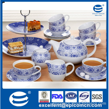 Guangdong wholesale grace ceramic tea ware blue and white 19pcs for 6 person